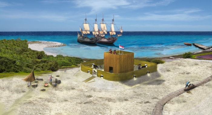 Figure 2. Graphic reconstruction of the Dutch fort from 1638 on La Tortuga (Julijan Vermeer &amp; Konrad A. Antczak).