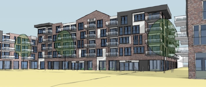 Appartementen en winkels_Middenblok_winkelcentrum vanaf het plein 3Dview