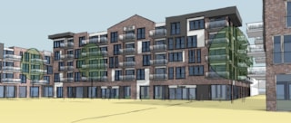 Appartementen en winkels_Middenblok_winkelcentrum vanaf het plein 3Dview