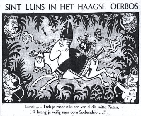 Sinterklaas Joseph Luns brengt Zwarte Piet Nieuw Guinea in veiligheid. Opland in de Volkskrant, 29 november 1969. (Medium)