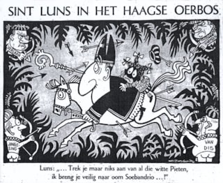 Sinterklaas Joseph Luns brengt Zwarte Piet Nieuw Guinea in veiligheid. Opland in de Volkskrant, 29 november 1969. (Medium)