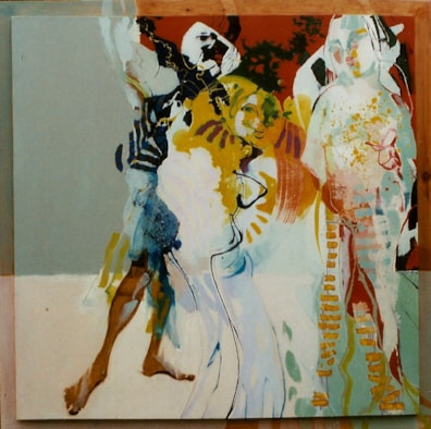 Maddy Rentenaar - Bont gezelschap 110 x110, olieverf en lakverf op doek