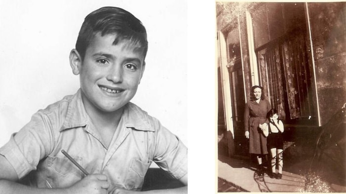 Hans Bouwens in de schoolbank en samen met zijn moeder