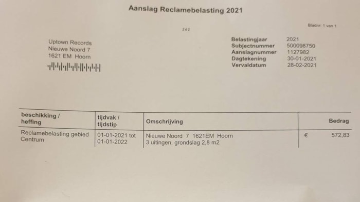 Aanslag reclamebelasting Uptown Records