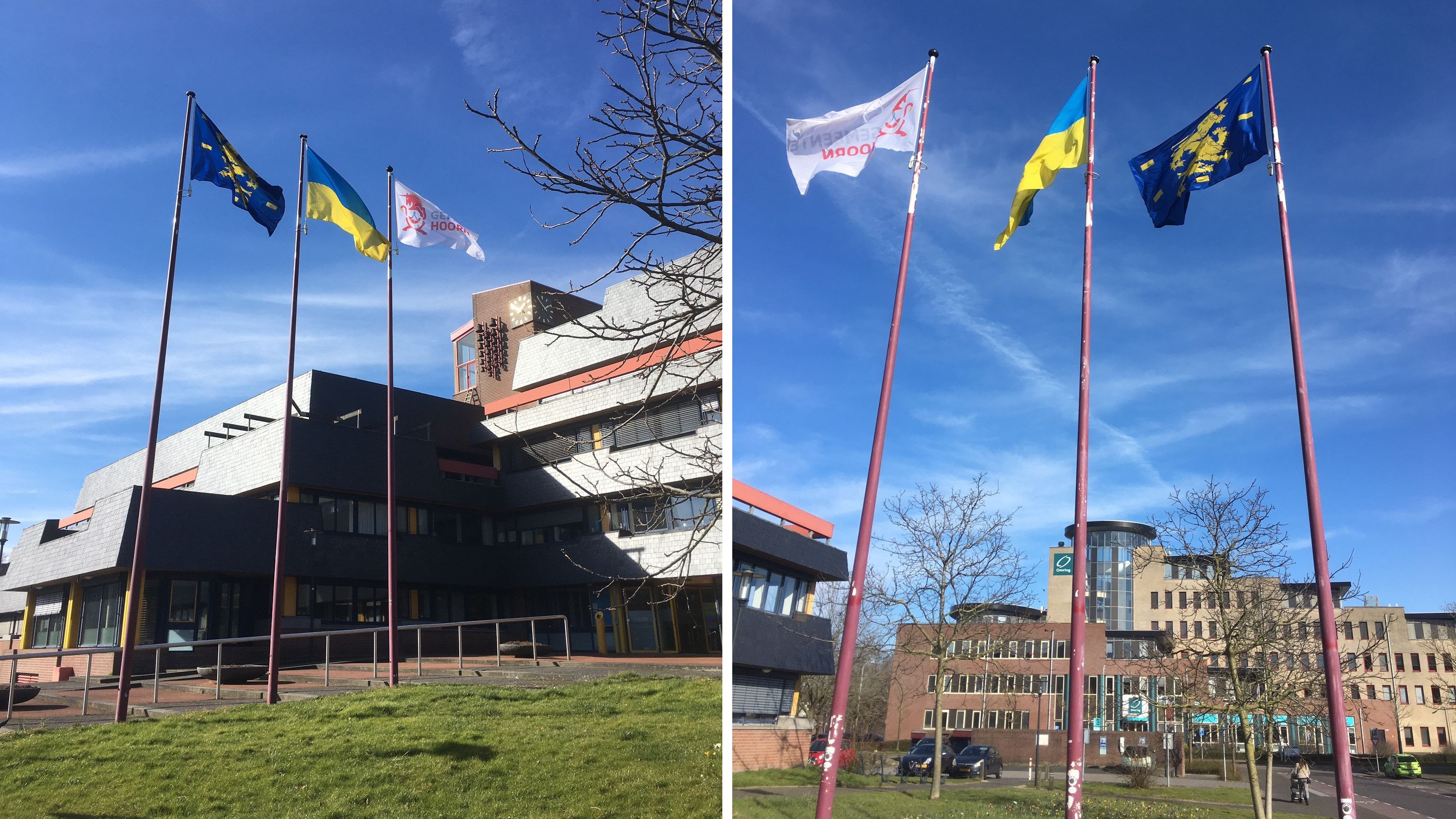 De Oekraïense vlag wappert bij het Hoornse stadhuis 