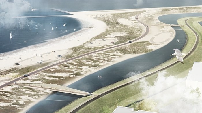 Bovenaanzicht bruggen stadsstrand