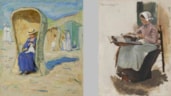 Maurice Goth_Strandstoel Domburg_1918_particuliere collectie_voorheen Simonis &amp; Buunk Kunsthandel_Ede - Max Liebermann_Studie Brabanter Spitzenklopplerin_Dongen_1882_