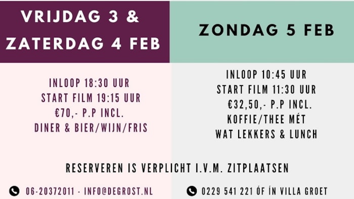Dinner en lunch movie 3 en 4 en 5 februari 2023